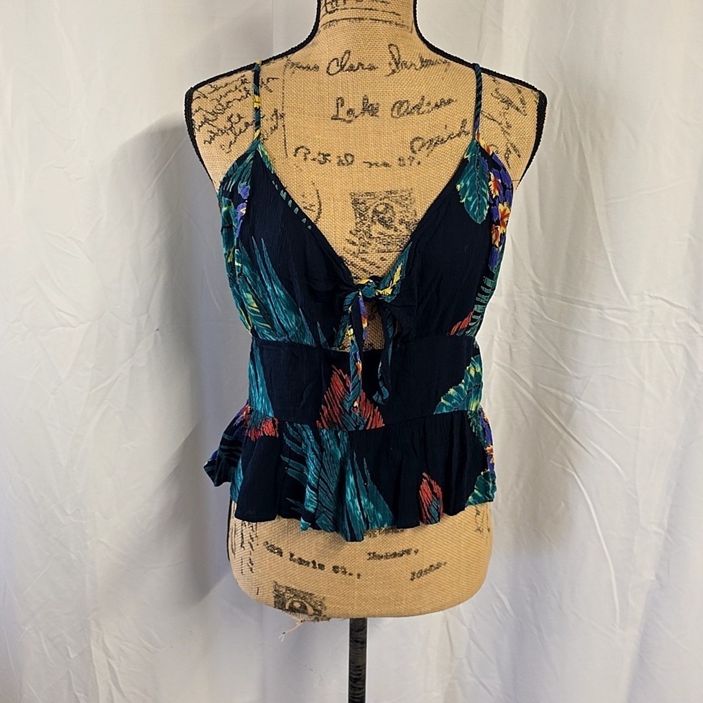 Patrons of Peace Womens sz L Tank Top Black Floral V Neck Peplum Festival Summer